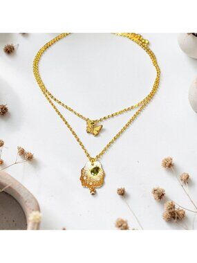 Layered Gold Plated Chain Butterfly Necklace Cloud Waterdrop Pendant Peridot Gem